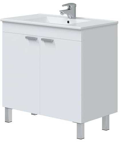 Miroytengo Mueble de Baño Atenea con Patas Armario 2 Puertas Abatibles Color Blanco Brillo 80 cm (con Lavabo PmmA)