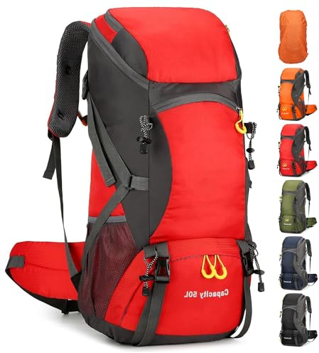 jianyana Hiking Backpack Waterproof 50L Foldable Rucksack Durable Lightweight Camping Bag with Rain Cover for Camping Trekking Hiking Walking Cycling Climbing Outdoor Sports for Women Men