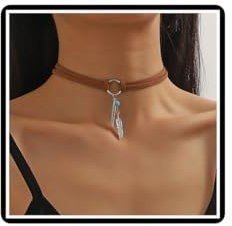 Faruodis Leder Feder Choker Halskette Boho Türkis Perlen Blatt Halskette Kragen Kette Quasten Schmuck für Frauen Damen (Braun)