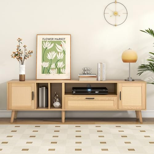 Merax 180cm TV Stand Cabinet with Rattan Decoration, Including Drawer, 2 Doors & Solid Wood Legs, Suitable for an 80 Inch TV, 180x40x54cm