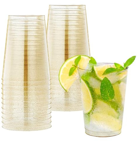 LYLIDIA 20 Vasos de Plástico 400 ml, Vaso Plastico Duro Reutilizables con Purpurina Dorada, Vasos de Cóctel 14 oz, Vasos Grandes, Vasos de Fiesta, Copas de Vino Plastico para Cumpleaños Navidad Bodas