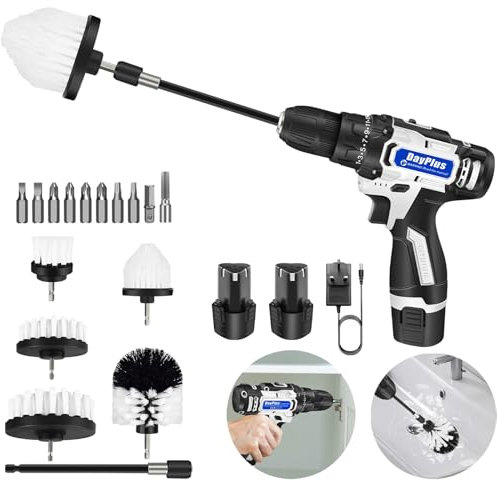 16.8V Cordless Drill, Battery Power Drill Drivers, Electric Screwdriver Kit, Small Combi Drill with 2 Batteries 1.5Ah and Charger and 5 Pack Drill Brush Power Scrubber Cleaning Brush Attachment Set