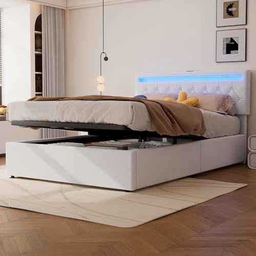 KEYIDE Polsterbett 140x200 mit LED und USB, Boxspringbett mit hydraulisches Bettkasten, Bett mit Lattenrost, Großer Stauraum, Doppelbett Jugendbett Stauraumbett, Ohne Matratze (Weiß, 140 x 200cm)