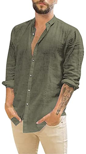 Generic Men's Green Solid Color Grandad Collar Linen Shirts - Casual Summer Overshirt Button Down, Long Sleeve, Regular Fit, Size L