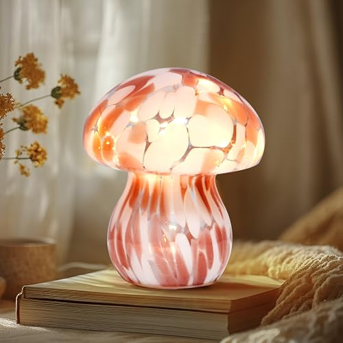 JBGIYOSG Glass Mushroom Table Lamp, 5.9 Cute LED Night Light for Home Decor, Battery Operated (3 AA), Modern Ambient Light for Living Room Bedroom Office Light Pink