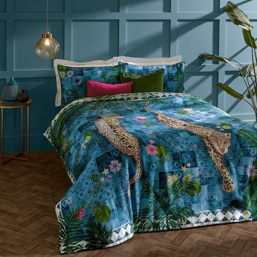 Paoletti Majorelle Bettbezug Set – Wendbare Marokkanische Botanische Leopard Mit Paspelrand Luxus Bettwäsche (Azurblau – Super King – 260x220cm)