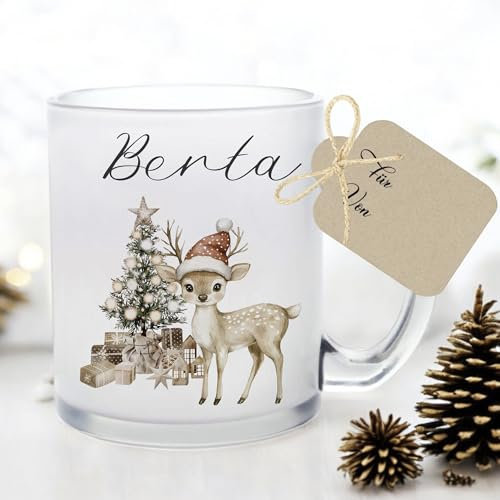 Manufaktur Liebevoll I Tasse Weihnachten Glastasse Glühweintasse mit Namen Weihnachtstasse personalisiert Tasse Nikolaus Weihnachtsgeschenke Kinder Glühwein Frauen Mädchen Junge Tasse Reh (Berta)