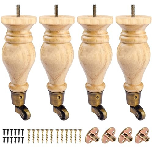Btowin VCF 22cm Holz Möbelfüße mit Lenkrollen, 4er Set Massivholz Spindel Tischbeine Möbelbeine mit Rollen & vorgebohrten M8 Bolzen & Montageplatten für Schrank Sofa Ottomane Liegestuhl Sessel