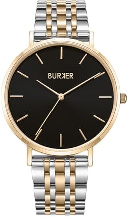 BURKER Damenuhr Ruby Petite Damen Armbanduhr Rond Klassisch Analog Wasserdicht 3 ATM Geschenk für Frauen Geburtstag Valentinstag - Schwarz Gold Silber - 28 mm