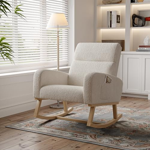 BHFFTHK Schaukelstuhl Sessel Relaxsessel Schaukelsessel mit Fußstütze,Stillstuhl Schwingstuhl mit Samtstoff und Lendenkissen & 2 Seitentaschen, Bequemer Lesesessel für Wohnzimmer (Beige - B)