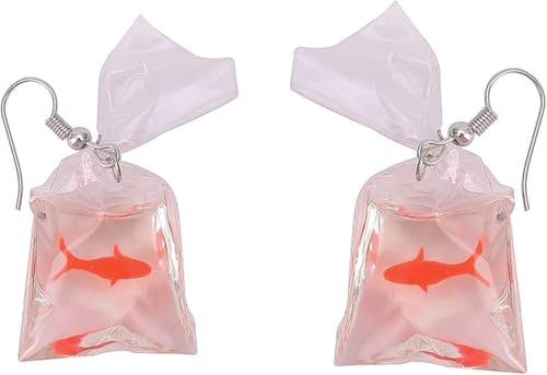 Lustige Goldfisch-Ohrringe aus Kunstharz, einzigartige Wasserbeutelform, baumelnde Haken-Ohrringe, Charm-Schmuck für Frauen, Einheitsgröße, Silber, Kein Edelstein
