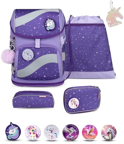 Belmil Smarty Schulrucksack Schulranzen Set 6-teilig mit extra Schlüsselanhänger (405-51AGS GRAT) (Starlight)