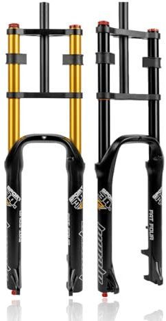 26 Inch 4.0 Tire Fat Bike Fork Travel 190mm Mountain Bike Suspension Fork 1-1/8 Straight E-Bike Air Fork Damping Adjust Double Crown Front Fork 9 * 135mm QR Manual Lockout Disc Brake(Gold)