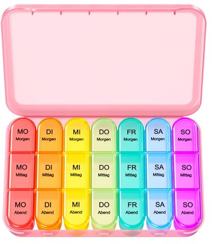 Doruimi Tablettenbox 7 Tage Morgens Mittags Abends, Medikamentenbox 7 Tage 3 fächer, Klein Pillendose Große Fächer - Rosa
