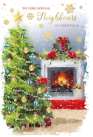 Words 'n' Wishes Weihnachtskarte Nachbarn Kamin und Weihnachtsbaum, mehrfarbig, 20,3 x 13,4 cm