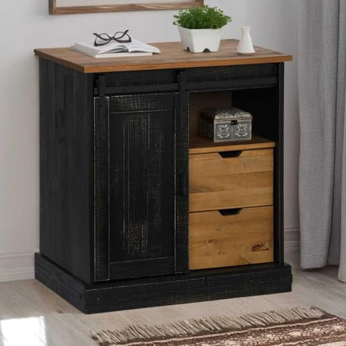 MOBCANT Sideboard, Arbeitsplatte Cupboard Vitrinenschrank Barschrank Geeignet für Foyer Schlafzimmer Korridor Küche mit Schiebetür Schwarz 80x40x80 cm Massivholz
