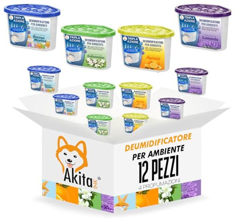 Akitaink – Set 12 Assorbiumidità 500ml | Deumidificatore Ambienti Casa, Cucina, Bagno, Camera da Letto, Armadi, Cantina, Roulotte, Garage | Contro Condensa, Muffa e Cattivi Odori