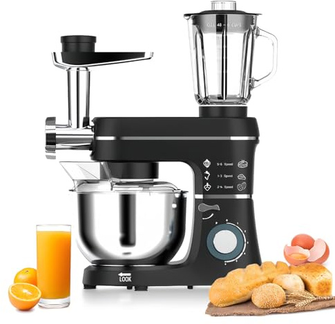Robot de Cocina Multifuncion 5 en 1,Batidora Amasadora con Función Picadora de Carne y Batidora,10L Tazón de Acero Inoxidable,1,5L Jarra, 6 Funciones de Regulación y Pulse,Kit de Accesorios,Black