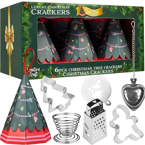 KreativeKraft Luxury Christmas Crackers, Pack of 6 Tree Shaped Deluxe Xmas Crackers, Mini Kitchen-Themed Fun Novelty, Party Decor
