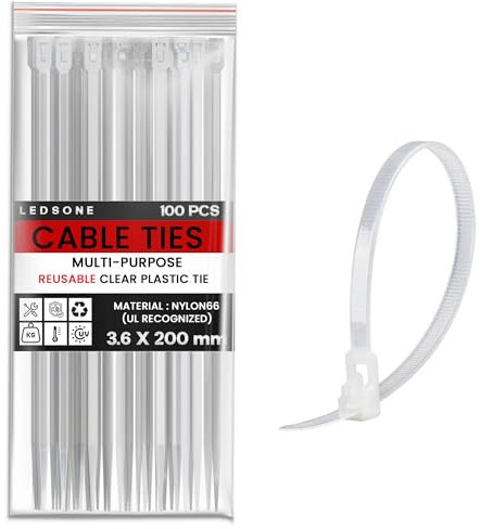 LEDSone 100 Pack of 200mm x 3.6mm Reusable Cable Ties, Heavy Duty with 40lbs Tensile Strength White Releasable Adjustable Cable Ties, 8 Premium Tie Wraps, Strong Nylon Zip Ties (3.6mmx200mm White)