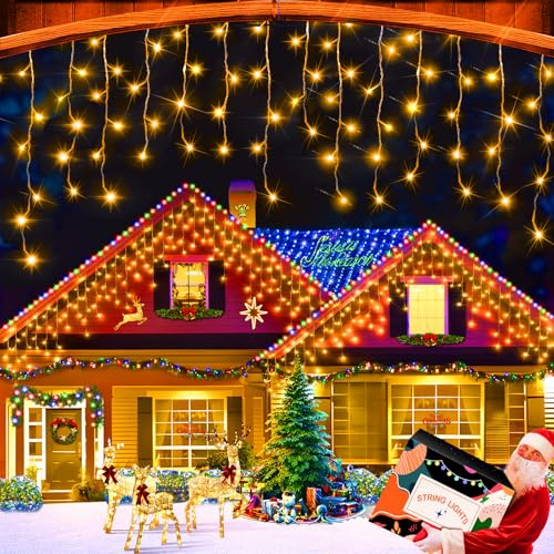 XURISEN 10M 320 LED Weihnachts Eisregen Lichterkette Warmweiß 4-5-7 Eiszapfen Timer 8 Modi IP44 Wasserdicht für Dachrinne Garten Balkon