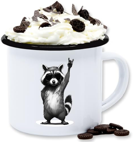 Emaille Tasse Blechtasse - Tassen - Retro Waschbär Rocker lustig I Lustiges Rock Musik Geschenk Waschbären I Funny Rock Star Raccoon Geschenk Metal Racoon - 300 ml - Weiß Schwarz - mit