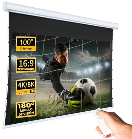 Pantalla de proyeccion eléctrica tensionada 100 16:9 | Requiere Espacio de 267cm | Válida para Cualquier proyector Incluso UST | Motor Tubular | Ajuste de tensión | Mando a Distancia