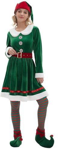 Weihnachtselfen Kostüm Damen Weihnachtself Kostüm Weihnachts Samt Kleid Wichtelmütze Elfenschuhe Strümpfe Set Frauen Wichtel Kostüme Erwachsene Karneval Weihnachtskostüm Party Cosplay Outfit