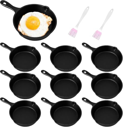MALLOOM Set di 10 padelle in ghisa, mini padelle nere antiaderenti, piccole padelle in ghisa, con spazzola per olio, per cucina interna ed esterna (10 cm)