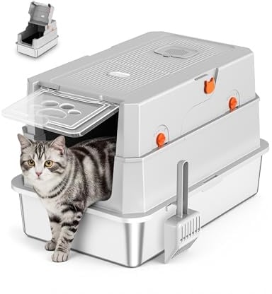 Lettiera Gatto Acciaio Inox, Lettiera Gatto Chiusa Grande XXL, Lettiere per Gatti con Paletta, Toilette per Gatti con Coperchio, Antiodore, Facile da Pulire, Antiaderente e Spaziosa