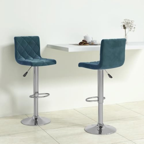 Tonture Barhocker 2er Set, Blau Samtbezug, Verchromter Stahl, Höhenverstellbar, Drehbar, mit Fußstütze, Modernes Design für Kücheninsel und Theke