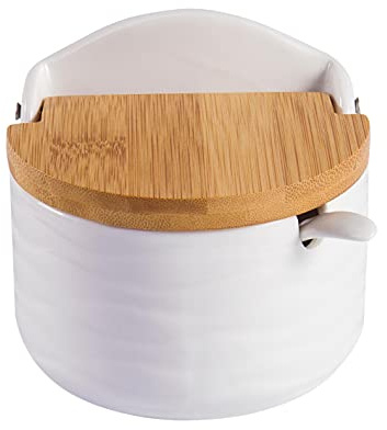 Ceramic Sugar Salt Bowl with Banboo Lid and Spoon, LUCKY GODDNESS 9.1 fl oz Spice Jars Pepper Condiment Container Flour Box Holder Earthenware Bowl with Free Chalkboard Labels for Christmas Gifts