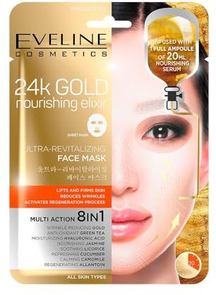 Eveline Cosmetics 24k Gold Ultra Revitalisierende 8-in-1 Koreanische Tuchmaske mit Gold & Hyaluronsäure - Intensives Anti-Aging & Nährstoff-Serum