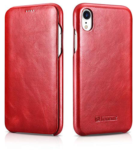 ICARER Hülle passend für Apple iPhone XR (6,1 Zoll), Handyhülle mit echtem Leder, Case, Schutz-Hülle klappbar, dünne Handytasche, Slim Cover, Vintage Rot