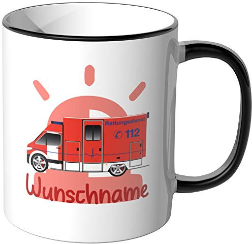 JUNIWORDS Tasse mit Wunschname, Krankenwagen, Wähle Farbe, Schwarz