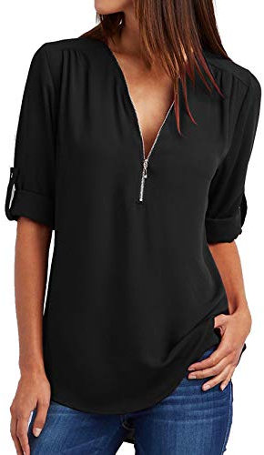 Damen Chiffon Blusen Elegante Reißverschluss Langarmshirts Bluse Tunika Oberteile T-Shirt V-Ausschnitt Tops A Schwarz XL