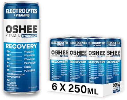 Oshee Vitamin Energy Formula Recovery Drink – 250ml (Pack of 6) – Mint-lemon flavour sparkling drink with addition of vitamins and minerals. Contains sugar and sweetener. Pasteurized