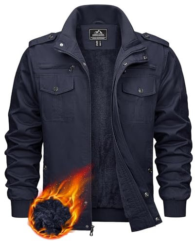 Kefitevd - Giacca da uomo imbottita in pile, per autunno e inverno, con molte tasche, stile retrò, con colletto alto, stile esercito, Blu scuro, S