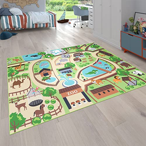 Paco Home Kinder-Teppich Für Kinderzimmer, Spiel-Teppich, Zoo Mit Tiger, Bär, Löwe, rutschfest Bunt, Grösse:160x220 cm