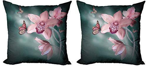 ABAKUHAUS Blumen Dekokissen Kissenbezug 2er Pack, Orchideen-Blume Schmetterling, Modern Accent Doppelseitiger Digitaldruck, 45x45, Baby-Rosa und Jade-Grün