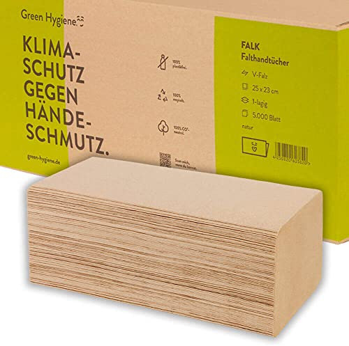 Green Hygiene FALK, Falthandtücher, V-Falz/Z-Falz, 1-lagig, 25x23cm, Recycling, natur, Blauer Engel, 20x250 Blatt, 5000 Blatt/VE, Papierhandtücher, Zickzack-Falz, ZZ-Falz
