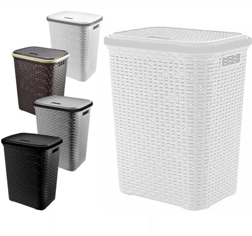 A406 Large Plastic Laundry Basket Clothes Hamper Linen Storage Lidded Bin Box Laundry Supplies Holder Tidy (White-M)