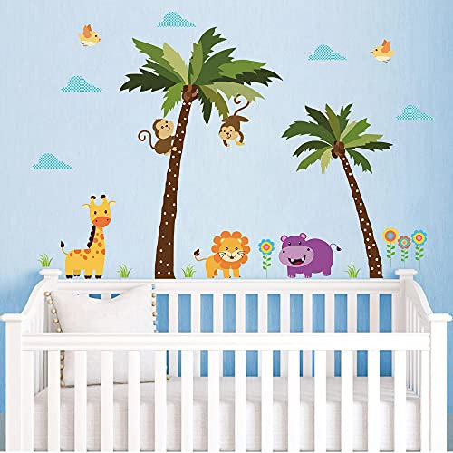 Runtoo Wandtattoo Palme Baum Waldtiere Löwin Giraffe Wandsticker Wandaufkleber Kinderzimmer Babyzimmer Wanddeko