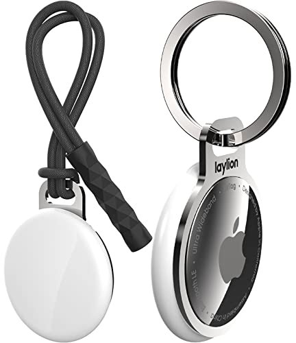 laylion 2 Pack Air Tag Keychain for Apple Airtags Holder, Mirror Polished Stainless Steel Ring Minimalist Slim Thin AirTag Secure Case with Strap Installed at The Gap of Battery Cover