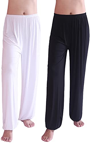 Hoerev Super Soft Modal Spandex Harem Yoga Pilates Trousers,Black+White 2 Pairs,L