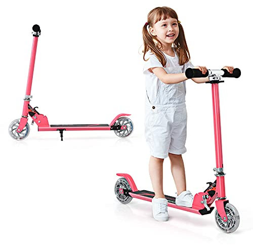 COSTWAY Trottinette Enfant 2 Roues Patinette Enfant Pliable Scooter Enfant Kick avec LED Lumière Hauteur Réglable (Rose)
