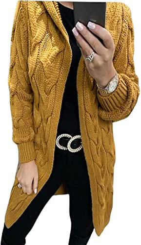 Exclusive Fashion Women Ladies Cardigan Cable Knitted Oversized Long Hooded Chunky Jumper Cape Top (One Size UK 8-18, Mustard)