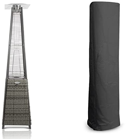 BU-KO Chauffage Gaz Terrasse | Extérieur: Jardin, Camping, Barbecue | rotin gris 13kw Radiateur de Conception pyramidale au Propane - 13kw | Roues | Cheminée en Acier Inoxydable GPL