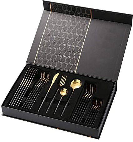 ZCRFYY Set de Vaisselle en Acier Inoxydable Couverts résistant et 24 piècesRéutilisable faciles d'entretien et sûr pour Le Lave-Vaisselle Set de Couverts de Table Acier INOX et ABS,Or Noir a