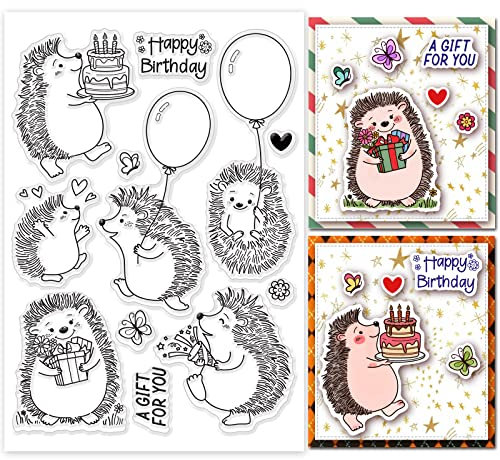 GLOBLELAND Igel und Geburtstag Klare Stempel für DIY Scrapbooking Dekor Feier Tiergeburtstagstorte Schmetterlingsballon Transparente Silikonstempel zum Erstellen von Karten Fotoalbum 148x21x3mm